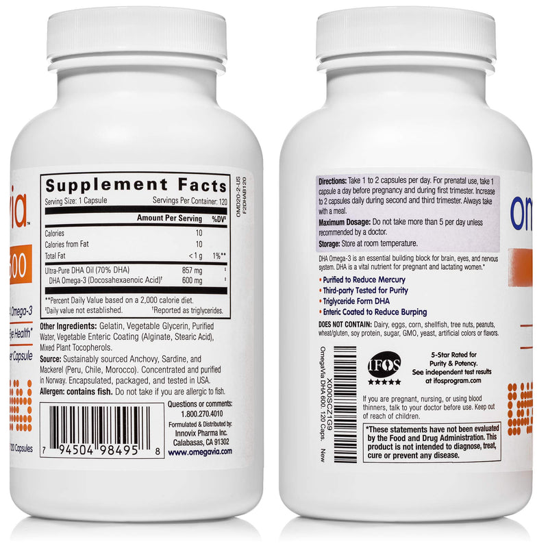 OmegaVia DHA 600 mg - Ultra-Pure DHA Supplements, Omega-3 for Brain & Eyes - Prenatal DHA Omega 3 Nutrient for Prenatal, Pregnant, and Nursing Women - Burpless, IFOS Tested for Mercury - 120 Capsules - NewNest Australia