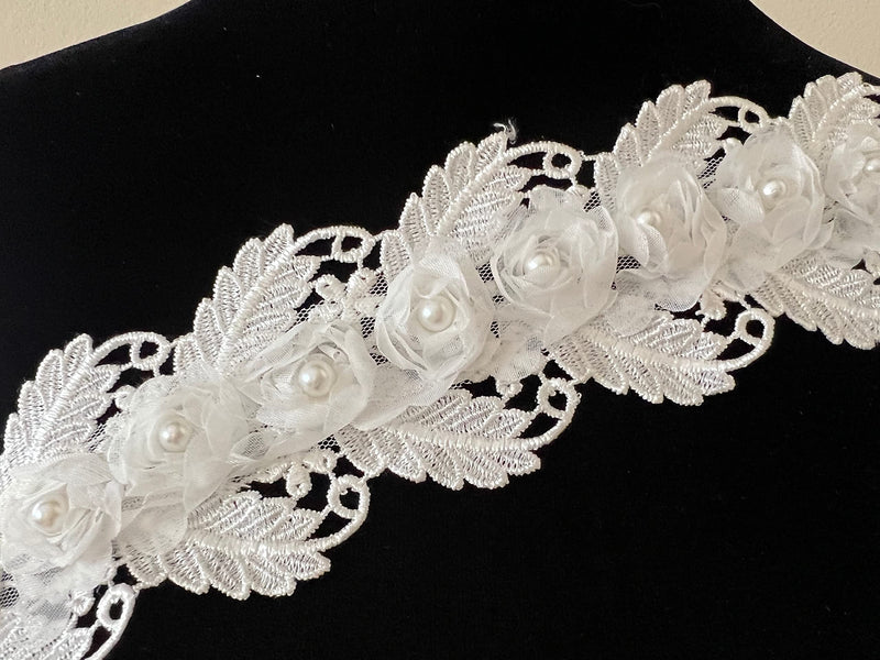 PEPPERLONELY 1 Yard White 3D Pearl Chiffon Flower Embroidered Lace Edge Trim Ribbon, Flower Width 7.5cm - NewNest Australia