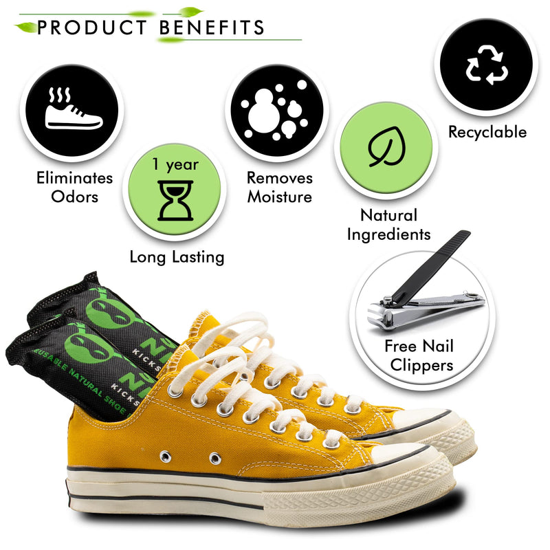 Charcoal Shoe Deodorizer - Natural, Long Lasting, and Easy to Use 4 Pack of Shoe Odour Eliminator for Smell Free Shoes - Nail Clippers Included with Shoe Smell Remover Bags - NewNest Australia