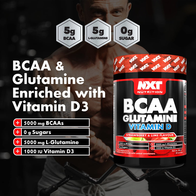 NXT Nutrition BCAA, Glutamine & Vitamin D | BCAAs Amino Acids with Vitamin D3 and L-Glutamine - for Recovery, Gut Health and Muscle Protein Synthesis | Strawberry Lime | 360g - 30 Serving - NewNest Australia