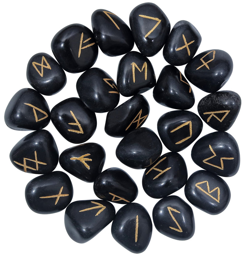 Crocon Black tourmaline tumble shape gemstone runes stones with Elder Futhark Alphabet Engraved 25 pcs runes set Crystal Divination Healing Chakra Reiki with a pouch Size : 15-20 mm - NewNest Australia