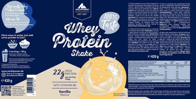 Multipower Whey Protein Shake Powder 420 g, Protein Powder with Vanilla Flavor and Vitamin B6, Ideal for Regeneration of the Body After Sports - NewNest Australia