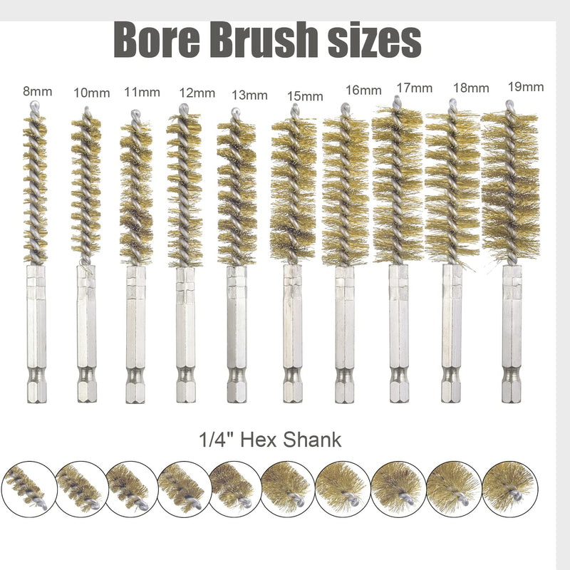 WENORA 10 Piece Bore Brush Set- Stainless Steel Bore Brushes with 1/4" Hex Shank Twisted Wire Bore Brushes with Different Bristle Lengths for Tubes Ports Bearings Cleaning, 4 Inch in Length Brass coating - NewNest Australia
