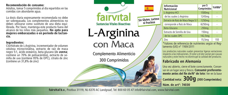 Fairvital L-Arginine + Maca Plus - High Dose - with Beta-Glucan, OPC and Zinc - 300 Tablets - NewNest Australia