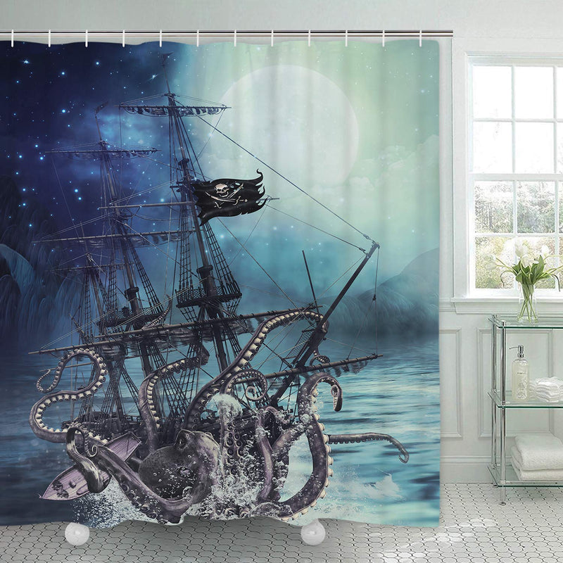 Octopus Shower Curtain Ocean Kraken Attack Nautical Pirate Ship Shower Curtain with 12 Hooks, Octopus Tentacles Sailboat Wave Mountain Under Moon Starry Sky Shower Curtain, Waterproof Durable A Octopus Ship 70" L x 69" W - NewNest Australia