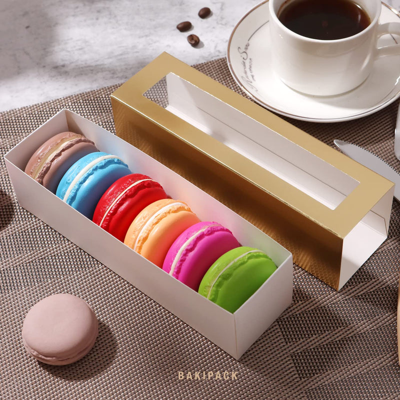 BAKIPACK 25 Macaron Boxes for 6 Macarons Gold Macaron Boxes with Interior Measurement 7.3" x 1.9" x 1.9" Macarons Gift Box with Clear Window (without Macaron inside) - NewNest Australia