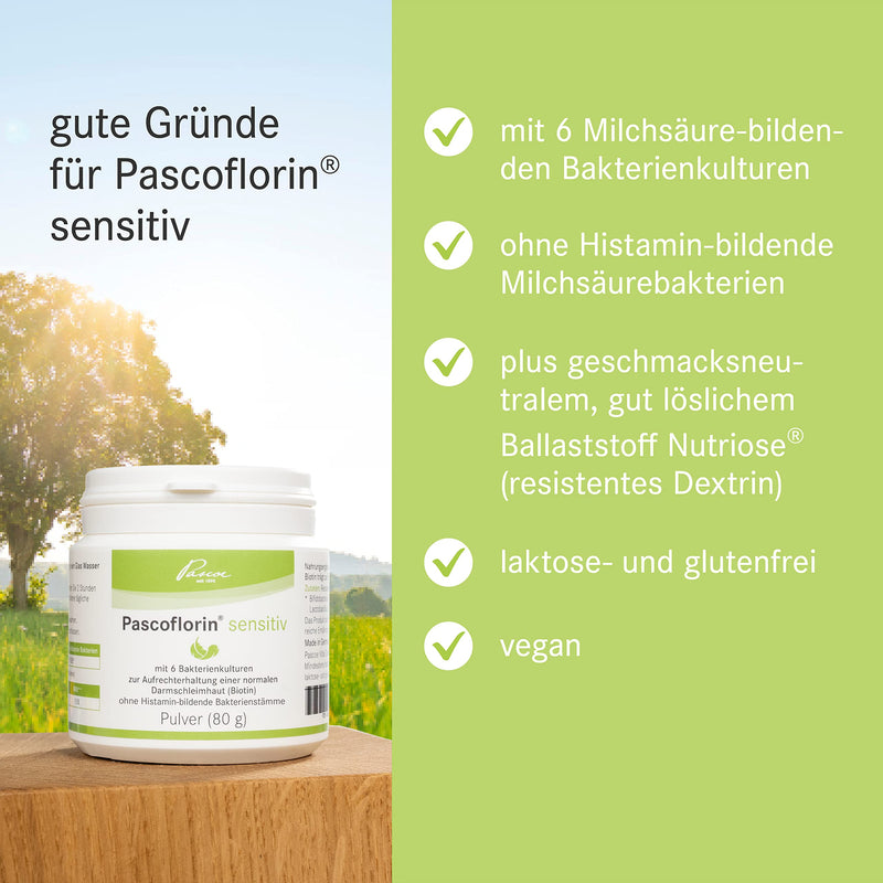 Pascoflorin Sensitive: Dietary Supplement With Lactic Acid Forming Bacterial Cultures - Without Histamine-Forming Bacterial Strains - Vegan, Lactose And Gluten Free - 80 G - NewNest Australia