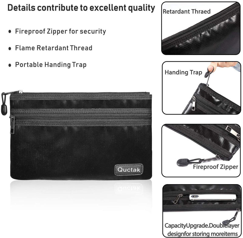 Fireproof Money Bag Two Pockets Two Zippers,Quctak Fireproof Safe Bag 10.6"x6.7" Waterproof and Fireproof Cash Bag Money Safe Pouch Storage for A5 Bank Deposit,Passport,Jewelry (1 Layer Protection) Black - NewNest Australia