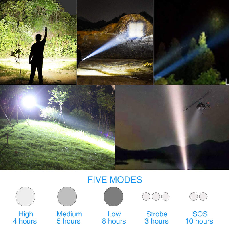 Rechargeable LED Flashlights High Lumens, 10000 Lumens Super Bright Powerful Tactical Flashlights with 26650 Batteries Included, Zoomable, 5 Modes, Waterproof Flashlight for Emergencies - NewNest Australia