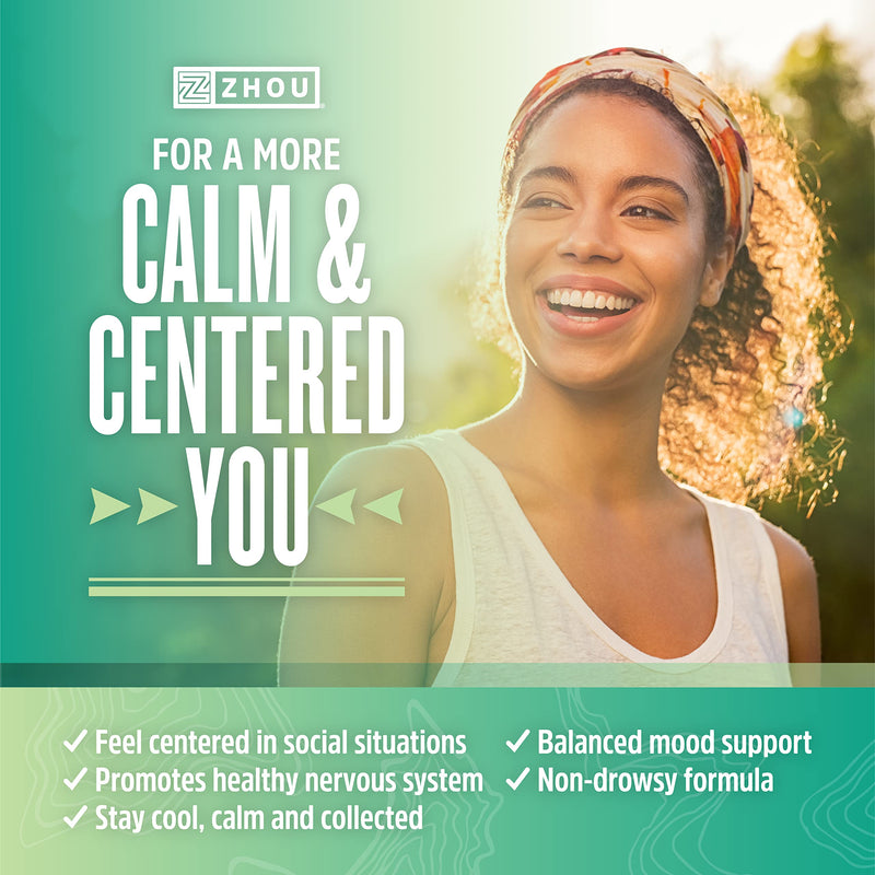 Zhou Calm Now Soothing Support with B Vitamins, Ashwagandha, Magnesium & Zinc, Relax, Focus & Positive Mind, Supports Serotonin Increase, Non-GMO, Vegan, Gluten-Free, 30 Servings - 60 VegCaps - NewNest Australia
