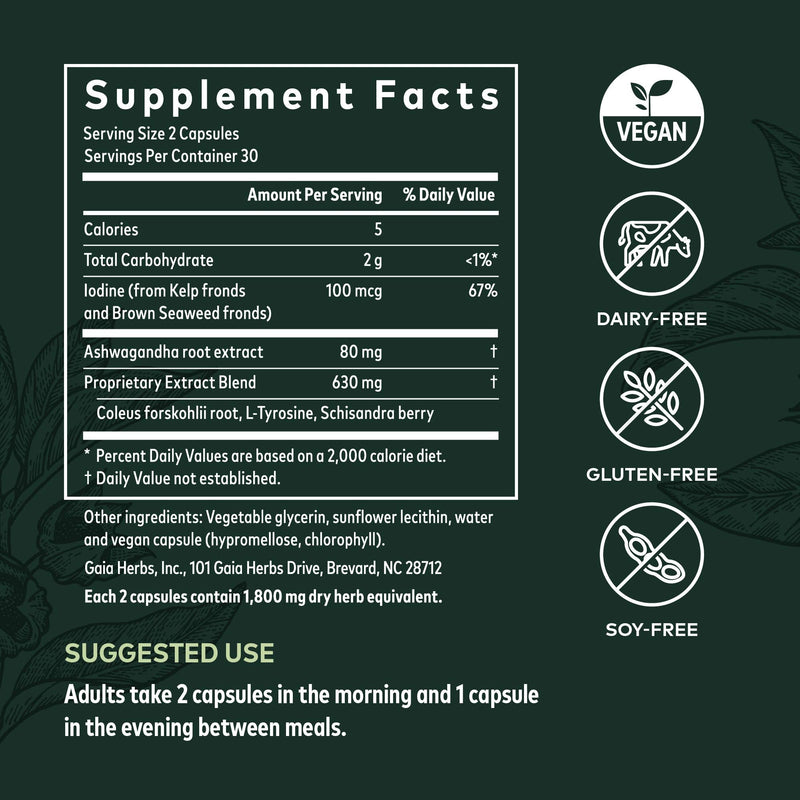 Gaia Herbs, Thyroid Support, Ashwaganda, Bladderwrack, Coleus, Kelp, Schisandra, Vegan Liquid Phyto Capsules, 60 Count Standard Packaging - NewNest Australia