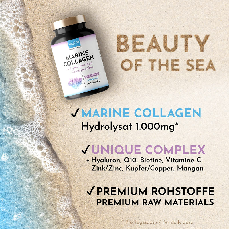 Premium Marine Collagen Combo 1000mg + Q10, hyaluronic acid, copper, manganese, vitamins C, zinc & biotin contribute to the maintenance of normal skin & hair; Made in Austria by VROODY - test result VERY GOOD! - NewNest Australia