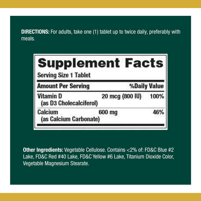 Calcium Carbonate & Vitamin D by Nature's Bounty, Supports Immune Health & Bone Health, 600mg Calcium & 800IU Vitamin D3, 250 Tablets - NewNest Australia