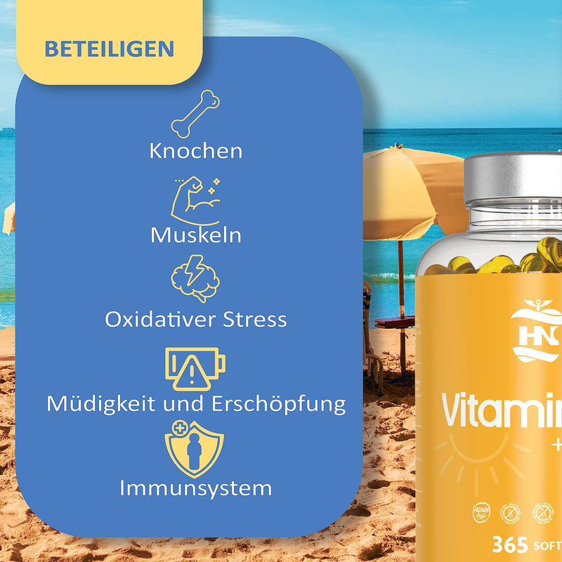Vitamin D. (5000 IU) 365 Capsules Vitamin D3 + K2 High Dose Supports Immune and Bone Function High Concentration Antioxidants Antifettiga Soft Capsules Premium - NewNest Australia