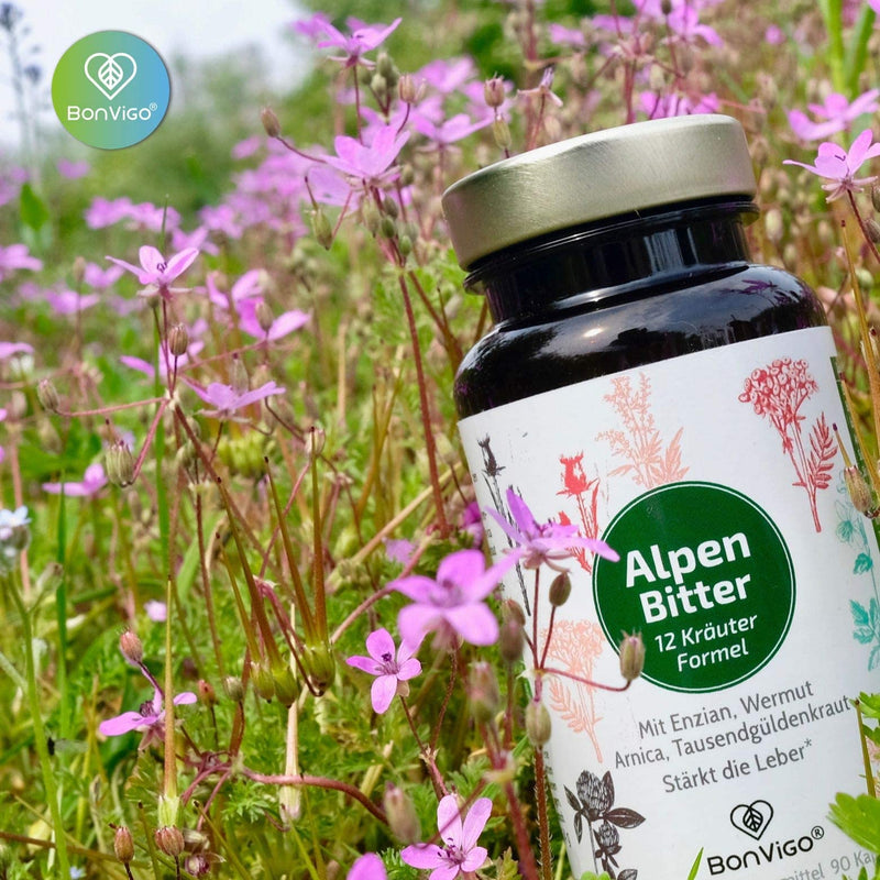 Bonvigo Alpenbitter 90 Bitter Capsules With Gentian, Wormwood, Dandelion, Centaury - Choline Supports Liver, Fat Metabolism, Digestion - 12-Herb Formula According To Stomach Bitter Monastery Recipe 1 - NewNest Australia
