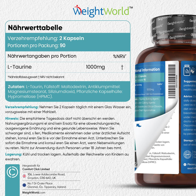 Weightworld Taurine Capsules - 1000 Mg Pure Amino Acid L Taurine - 180 Capsules For 3 Months - Vegan & Tested Ingredients - Micronutrients For Sports, Fitness & Pre Workout - Amino Acid L-Taurine - NewNest Australia