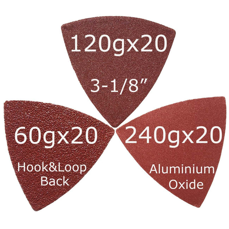 XXGO 60 Pcs Assorted 60/120/240 Grits 3-1/8 Inch Triangular Hook & Loop Oscillating Tool Sandpaper for Sanding Wood Contains 20 of Each Fit 3-1/8 Inch Oscillating Multi Tool Sanding Pads XG8030 3-1/8 " No Hole Triangle - 60 Pcs - NewNest Australia