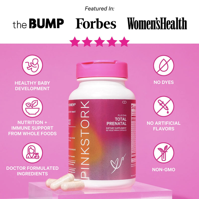 Pink Stork Total Prenatal Vitamin with DHA and Folic Acid: Doctor Formulated, Fertility Supplements for Women, Folate, Iron, Biotin, Vitamin D, Vitamin C + Zinc, Women-Owned, 60 Vegetarian Capsules 60 Count (Pack of 1) - NewNest Australia