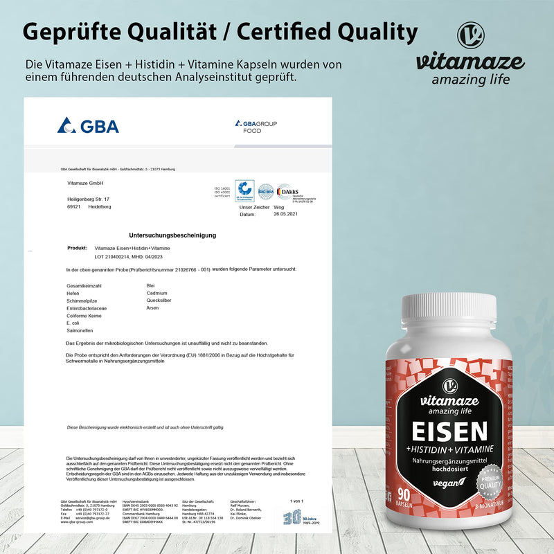 Iron Capsules High Dose & Vegan, 20 Mg With Vital Formula + Histidine + Vitamins For Optimal Bioavailability, 90 Capsules For 3 Months, Natural Supplement Without Additives, Made In Germany - NewNest Australia