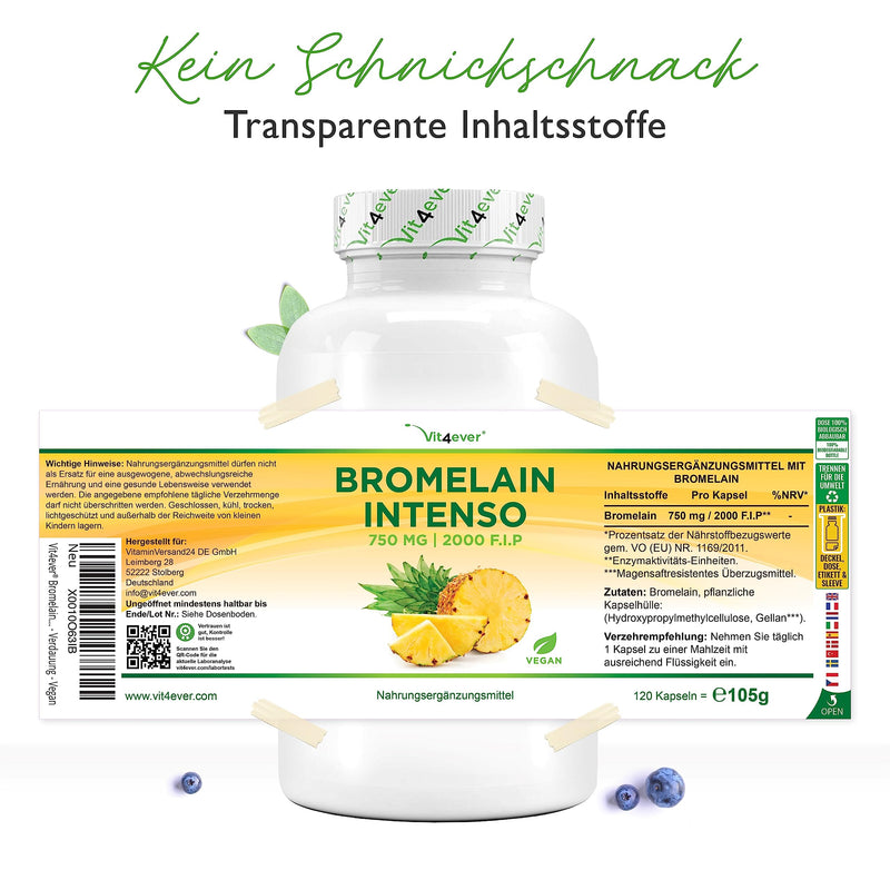 Bromelain Intenso - 750 mg (2000 FIP) - 120 enteric-coated capsules - Natural pineapple extract - Laboratory tested - Vegan - High dosage - NewNest Australia