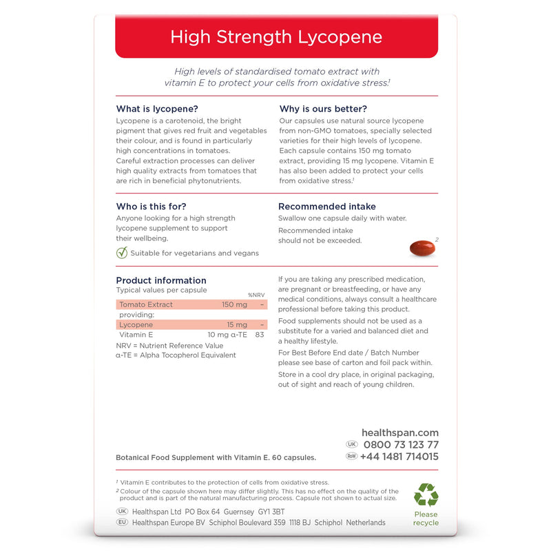 Healthspan Lycopene 15 mg | 150 mg tomato extract | Vitamin E | Rich in tomato phytonutrients | No GMO tomatoes | Vegan | 60 capsules - NewNest Australia