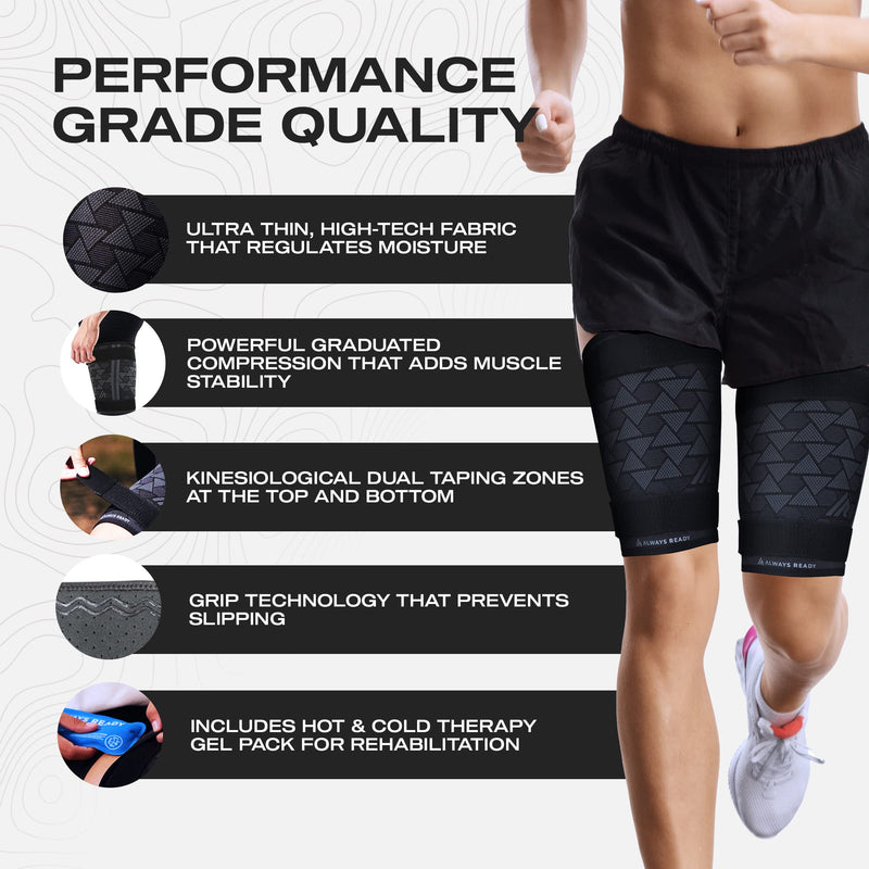 Always Ready, Thigh Compression Support Sleeve (2 Per Pack) with Hot & Cold Gel Pack for Hamstring & Quadricep Muscle Strains & Injury, Men & Women, Two Adjustable Compression Straps, Non-Slip (M) M - NewNest Australia