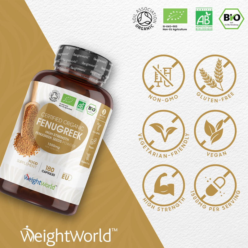 Organic Fenugreek 180 Capsules - 750Mg Per Capsule - 3 Month Supply - Fenugreek Seeds Vegan Dietary Supplement - Fenugreek Seed - Certified Organic - Without Magnesium Stearate - Weightworld - NewNest Australia