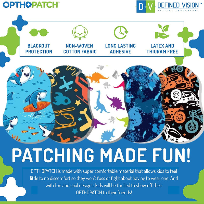 OPTHOPATCH Kids Eye Patches - Fun Boys Design - 30 + 10 Bonus Latex Free Hypoallergenic Cotton Extra Sensitive Adhesive Bandages for Amblyopia & Cross Eye-3 Reward Chart Posters by Defined Vision - NewNest Australia