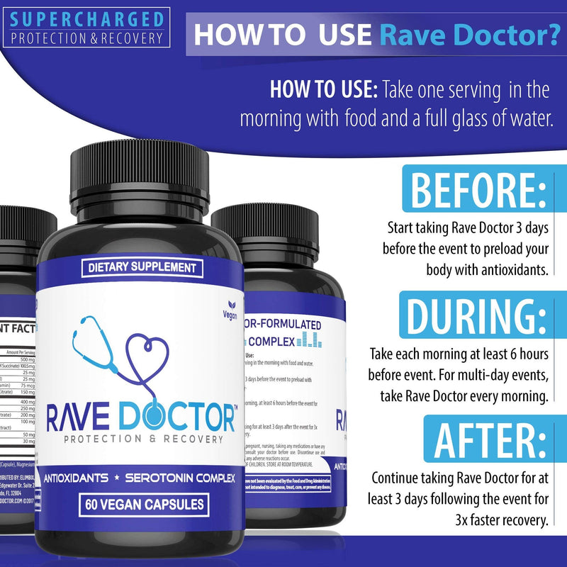 Rave Doctor, Rave Vitamins, Rave Gear, Festival Necessities, Rave Supplements, Rave Pack, Rave Recovery Pills, Rave Pills, 5HTP Rave, Festival Supplement - NewNest Australia