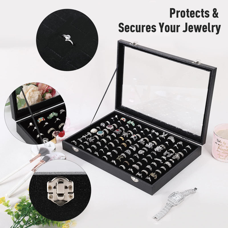 Pengup 100 Slots Ring Case Organizer Display Box,Rings Holder Storage Boxes for Jewelry Showcase with Glass Lid (Black Velvet). Black - NewNest Australia