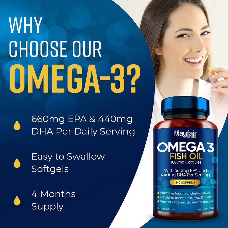 Omega 3 1000mg Capsules - 240 Fish Oil Tablets with 660mg EPA & 440mg DHA per Daily Serving - Supports Heart, Vision, & Brain Health - 4 Months Supply - Made in UK - NewNest Australia