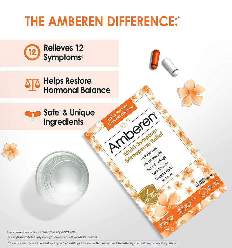 Amberen: Safe Multi-Symptom Menopause Relief. Clinically Shown to Relieve 12 Menopause Symptoms: Hot Flashes, Night Sweats, Mood Swings, Low Energy and More. 1 Month Supply 30 Day Supply - NewNest Australia