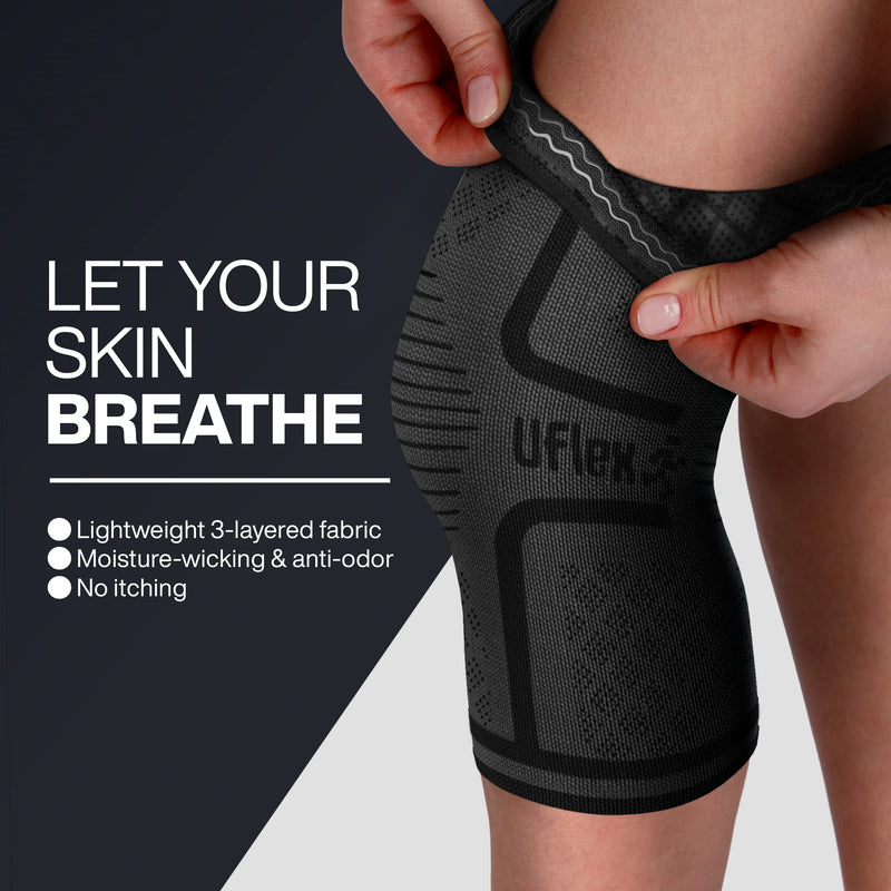 UFlex Athletics Knee Compression Sleeve Support for Women and Men - Knee Brace for Pain Relief, Fitness, Weightlifting, Hiking, Sports - Black, Large - NewNest Australia