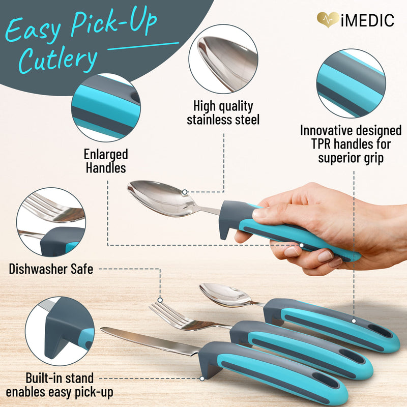 iMedic Easy Grip Cutlery for Adult - 1 Set Cutlery for Disabled Hands - Dishwasher Safe Disabled Cutlery for Adults - Disability Cutlery for Adults - Cutlery for Arthritic Hands Blue - NewNest Australia