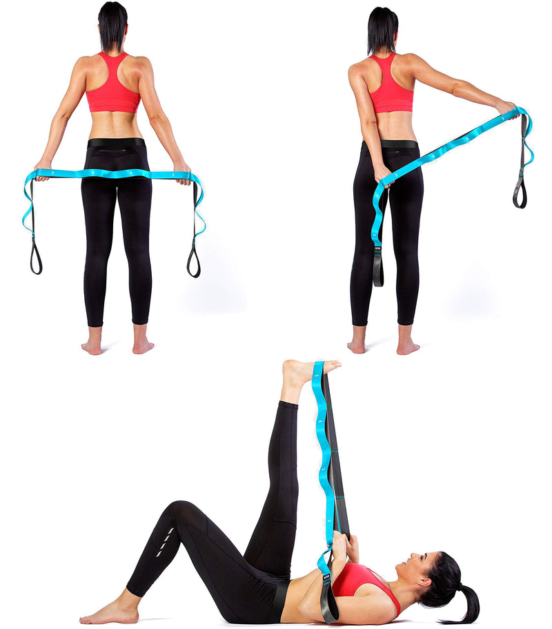 Stretching Strap with Loops for Physical Therapy, Yoga, Exercise and Flexibility - Non Elastic Fitness Stretch Band + Exercise Instructions & Carry Bag by CTRL Sports 10 Loops - Blue - NewNest Australia