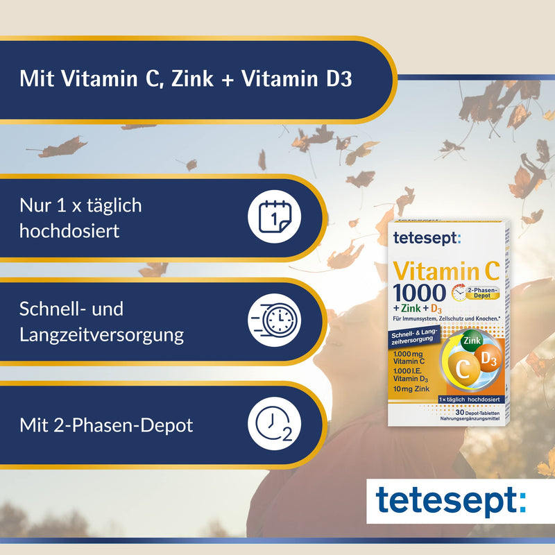 Tetesept Vitamin C 1000 + Zinc + D3 - Dietary Supplement To Support The Immune System, Cell Protection And Bones - Vitamin Tablets - 3 X 30 Tablets Tetesept Vitamin C 1000 + Zinc + D3 - NewNest Australia