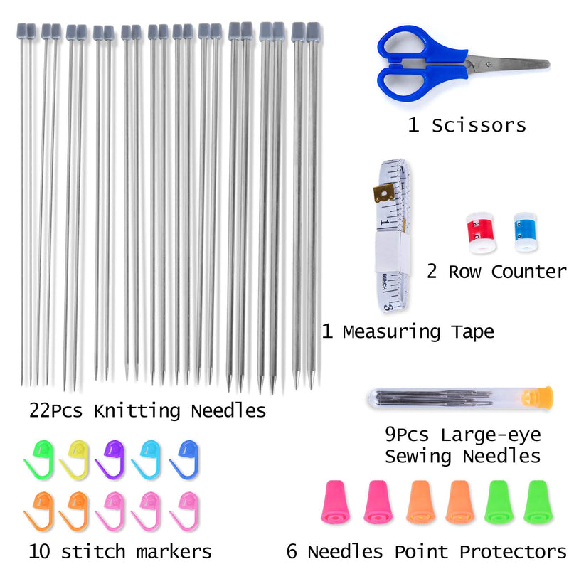 Teamoy Knitting Needle Set, 22PCS Single Pointed Knitting Needles with Case, Stitch Makers and Other Knitting Accessories, Blue Case with Accessories (Pack of 1) - NewNest Australia