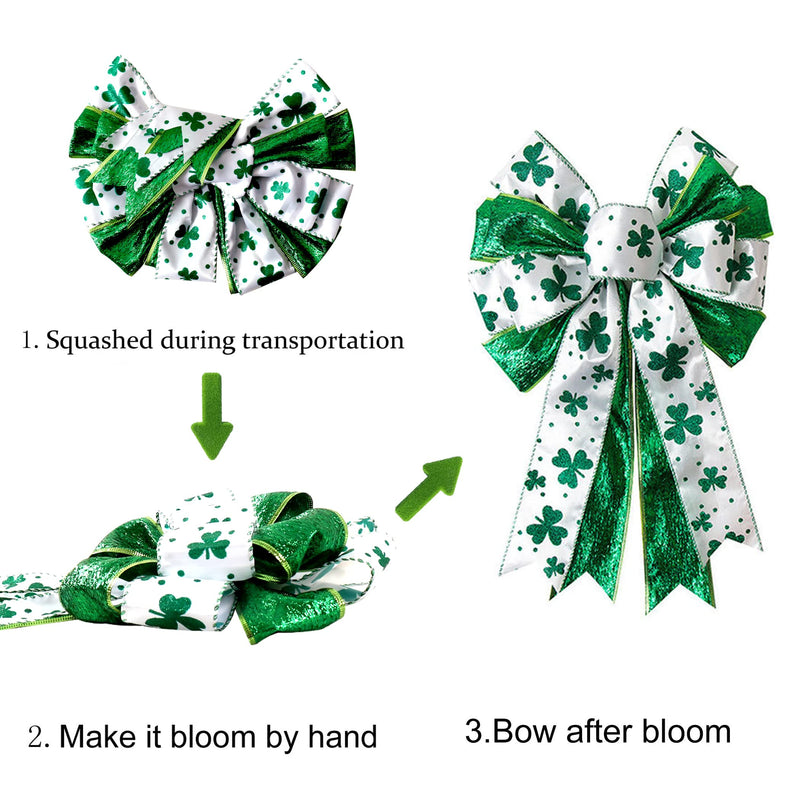 St Patricks Day Bow for Wreath Decorations,11.4 * 19.6in Large White Green Glitter Shamrock Bowknot Irish Holiday Crafts Bows for Tree Topper Front Door Outdoor Outside - NewNest Australia