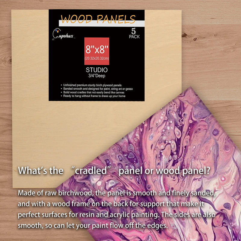 Unfinished Wood Boards Canvas for Painting, 5 Packs 3/4’’ Deep Cupohus 8’’ x 8’’ Wooden Cradled Panels for Pouring Art, Crfats, Parints and More 8" x 8" - NewNest Australia