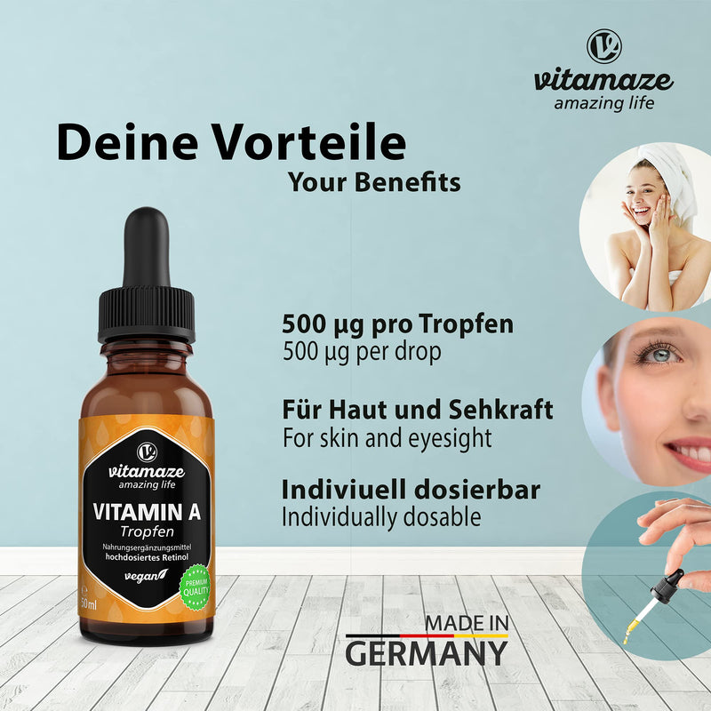 High-dose vitamin A drops 5000 IU per daily dose, 50 ml (1700 drops), liquid retinol & vegan, natural dietary supplement without additives, high bioavailability, Made in Germany - NewNest Australia