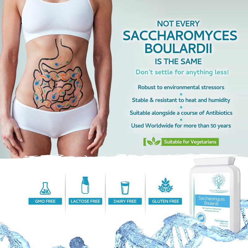 Saccharomyces Boulardii 5 Billion CFU 90 Capsules - No Refrigeration Required - High Strength Non-Colonising Yeast with synergistic Olive Leaf, Biotin and Vitamin D3 - NewNest Australia