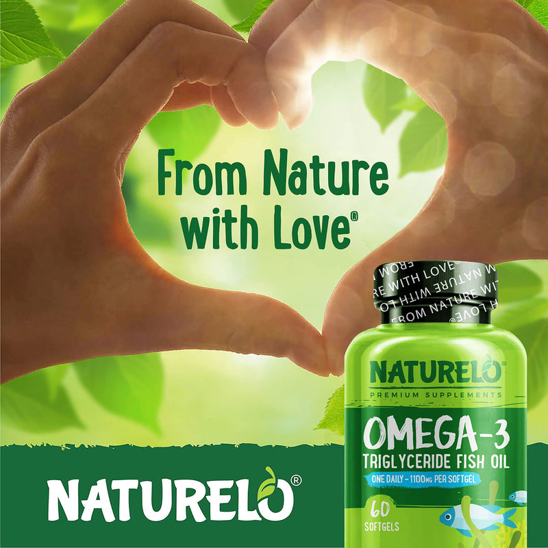 NATURELO Omega-3 Fish Oil Supplement - EPA + DHA - 1100 mg Triglyceride Omega-3 per Gel - One A Day - for Heart, Eye, Brain, Joint Health - No Burps - Lemon Flavor - 60 Softgels | 2 Month Supply 60 Count (Pack of 1) - NewNest Australia