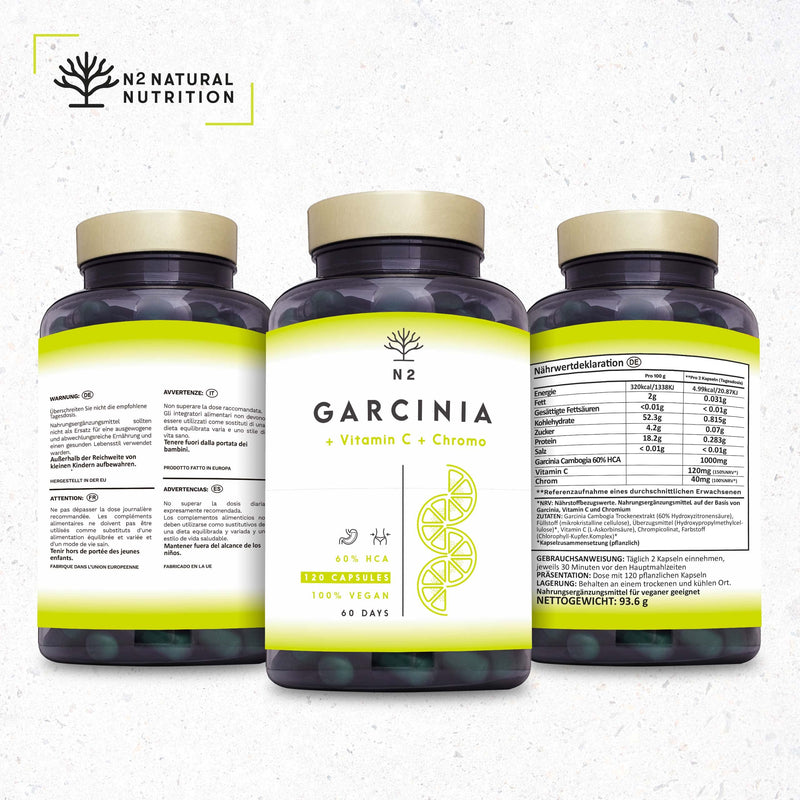 Garcinia Cambogia High-Dose Capsules, Vitamin C, Chromium. Appetite Suppressant, Fat Burner, Weight Loss, Hca 60%. 120 Herbal Capsules. Vegan Certified. N2 Natural Nutrition - NewNest Australia
