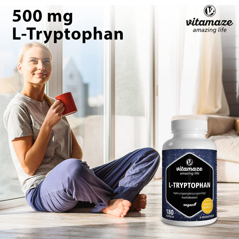 L-Tryptophan High Dose, Vegan, 500 Mg Powder Per Capsule, 180 Capsules For 6 Months, Pure Essential Amino Acid, Naturally Fermented, Dietary Supplement Without Additives, Made In Germany - NewNest Australia