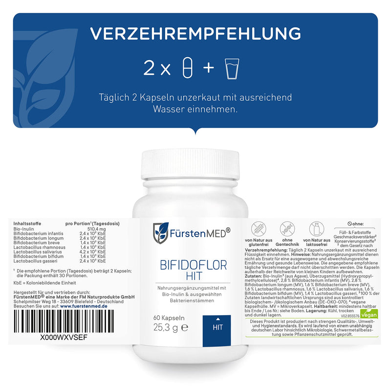 FürstenMED® Bifidoflor HIT - Lactobacillus and Bifidobacterium capsules for histamine intolerance - 60 gastro-resistant capsules - laboratory tested, vegan & without additives - NewNest Australia