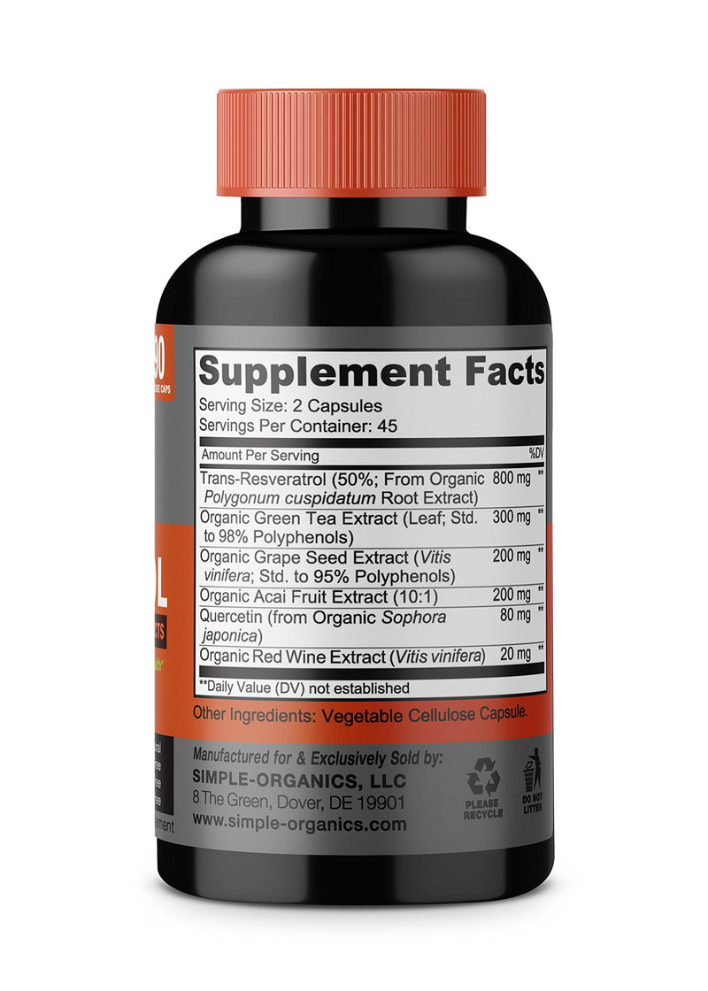 Resveratrol 1600mg per Serving of Organic Trans-Resveratrol & Potent Antioxidants, Pure Extra Strength Complex, Anti-Aging, Radiant Skin, Blood Sugar and Immunity Support- 90 Capsules- 45 Day Supply - NewNest Australia