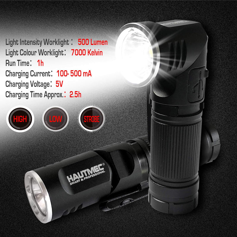 HAUTMEC Tactical LED Flashlight with Adjustable 90 Degree Head, Magnetic Tail, Compact Waterproof Aluminum Design, USB Rechargeable Lithium Battery Included, 3 Models, HT0092-WL Cylinder - NewNest Australia