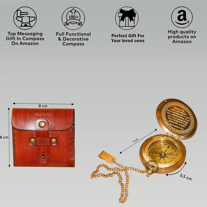 BAZROSS Engraved Antique Brass Sundial Compass with Leather Case for Camping, Hiking, and Graduation - (Trust in Lords) - NewNest Australia