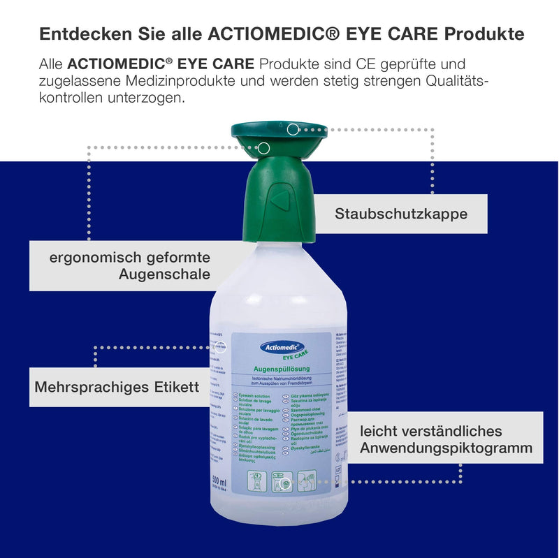 Actiomedic Eye Wash With Sodium Chloride Solution 0.9% In Single Box, Sterile Eye Cleaner For Work, Eye Wash Bottle With Saline Solution, First Aid With Ergonomic Dish Head, 500 Ml - NewNest Australia