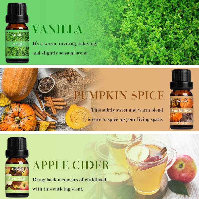 Salking Autumn Essential Oils Set, 6 X 10 Ml 100% Organic Aromatherapy Fragrance Oil Gift Set For Diffuser, Humidifier, Massage, Pumpkin Spice, Vanilla, Wild Pine, Cider, Cinnamon, Cinnamon Biscuits - NewNest Australia